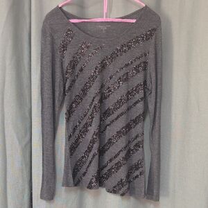 Coldwater Creek Gray Long-Sleeve Top with Sequin Diagonal Stripes